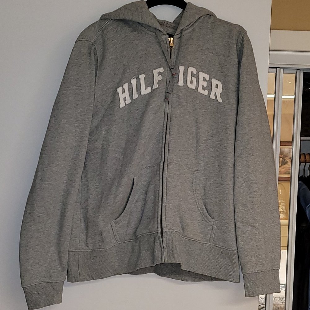 Tommy Hilfiger Logo Heather Gray Zip Hoodie Sz L EUC
